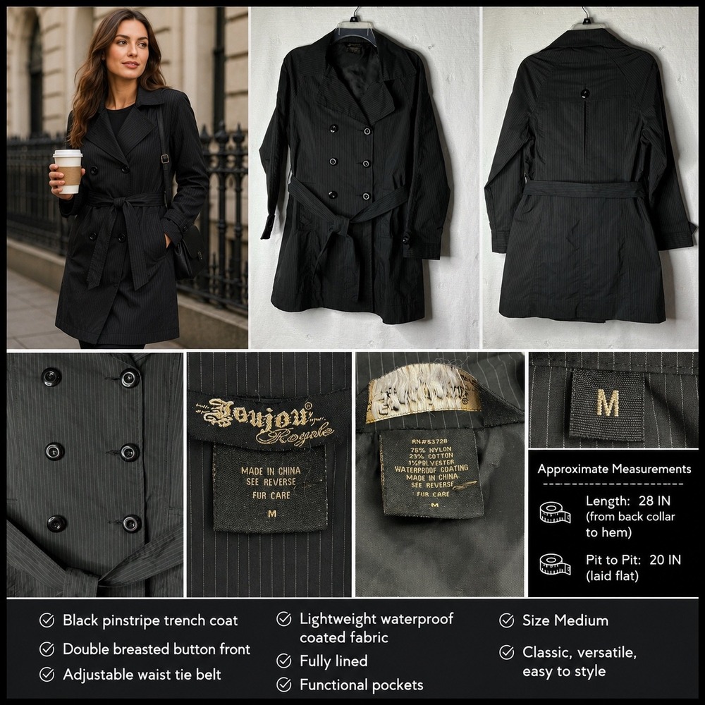 Joujou Royale Womens‎ Black Pinstripe Double Breasted Belted Trench Coat Medium
